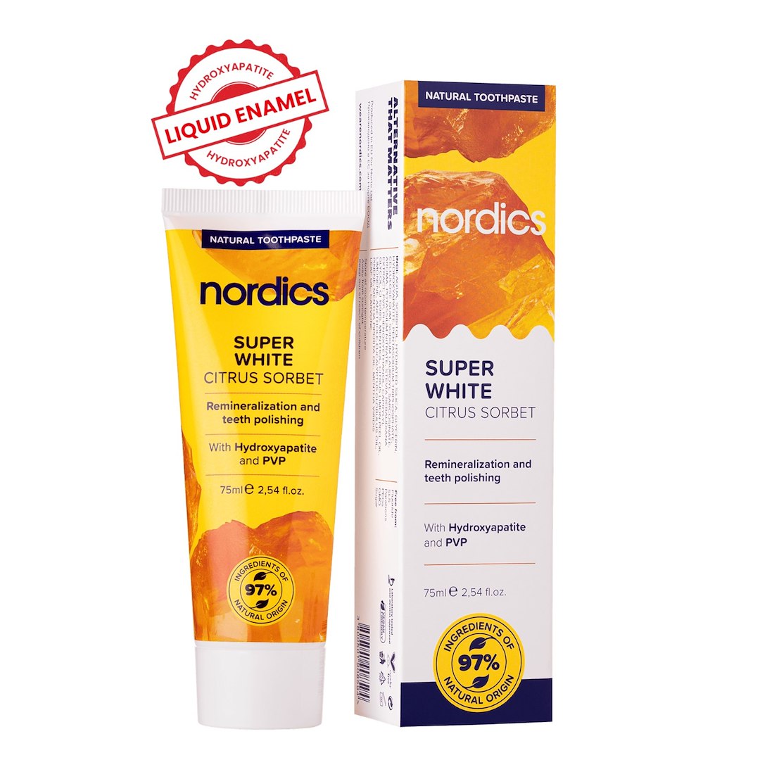 PASTA DO ZĘBÓW REMINERALIZUJĄCA SUPER WHITE Z PŁYNNYM SZKLIWEM BEZ FLUORU 75 ml - NORDICS - obrazek 2