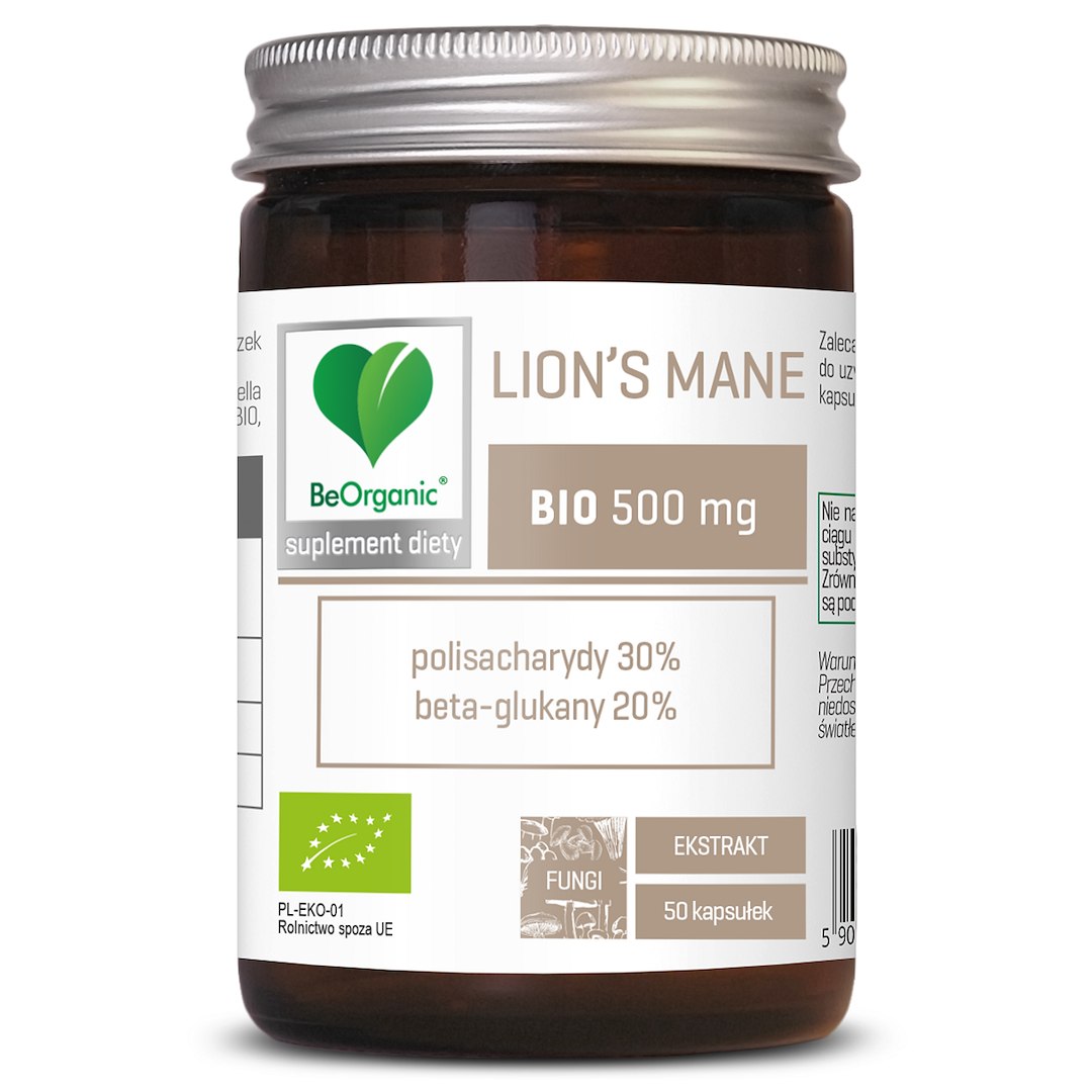 GRZYBY SOPLÓWKA JEŻOWATA (LION'S MANE) EKSTRAKT BIO (500 mg) 50 KAPSUŁEK - BE ORGANIC - obrazek 2